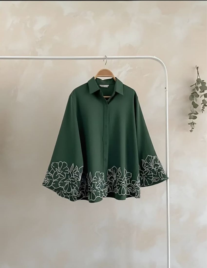 Dark Green Floral Embroidery Top