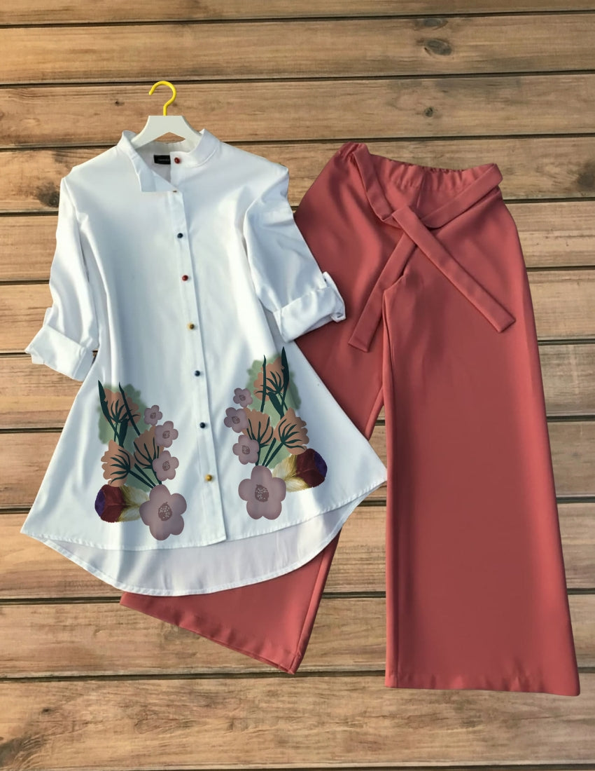 Ivory Floral Shirt with Peach Wrap Trouser