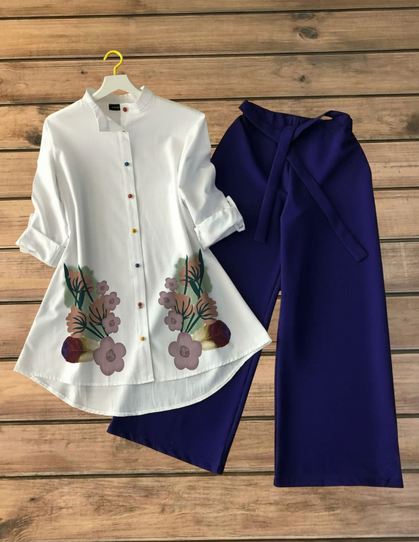 Ivory Floral Shirt with Midnight Blue Wrap Trouser