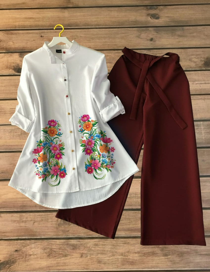 Garden Flower Print Button Shirt with Wine Palazzo Set