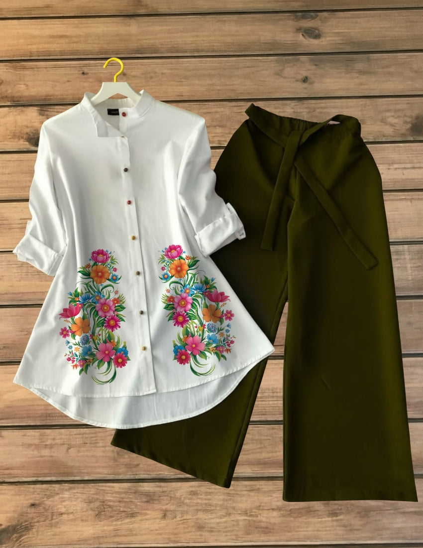 Garden Flower Print Shirt with Olive Green Palazzo Set