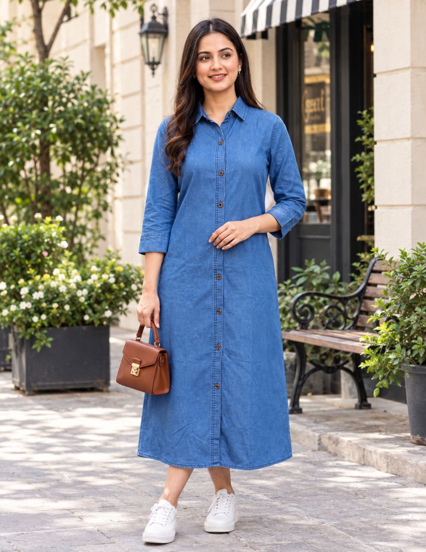 Blue Womens Denim Dress with Pockets