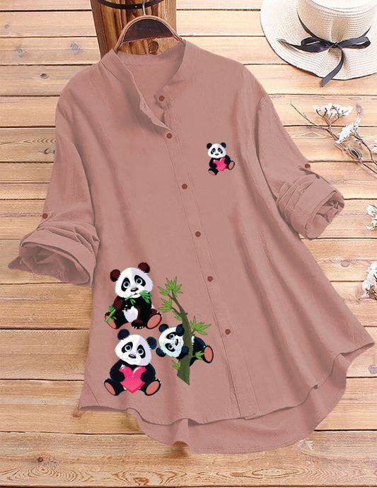Panda Print Button-Up Top - Peach