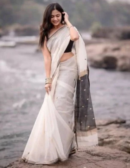 White & Black Butti Banarasi Saree