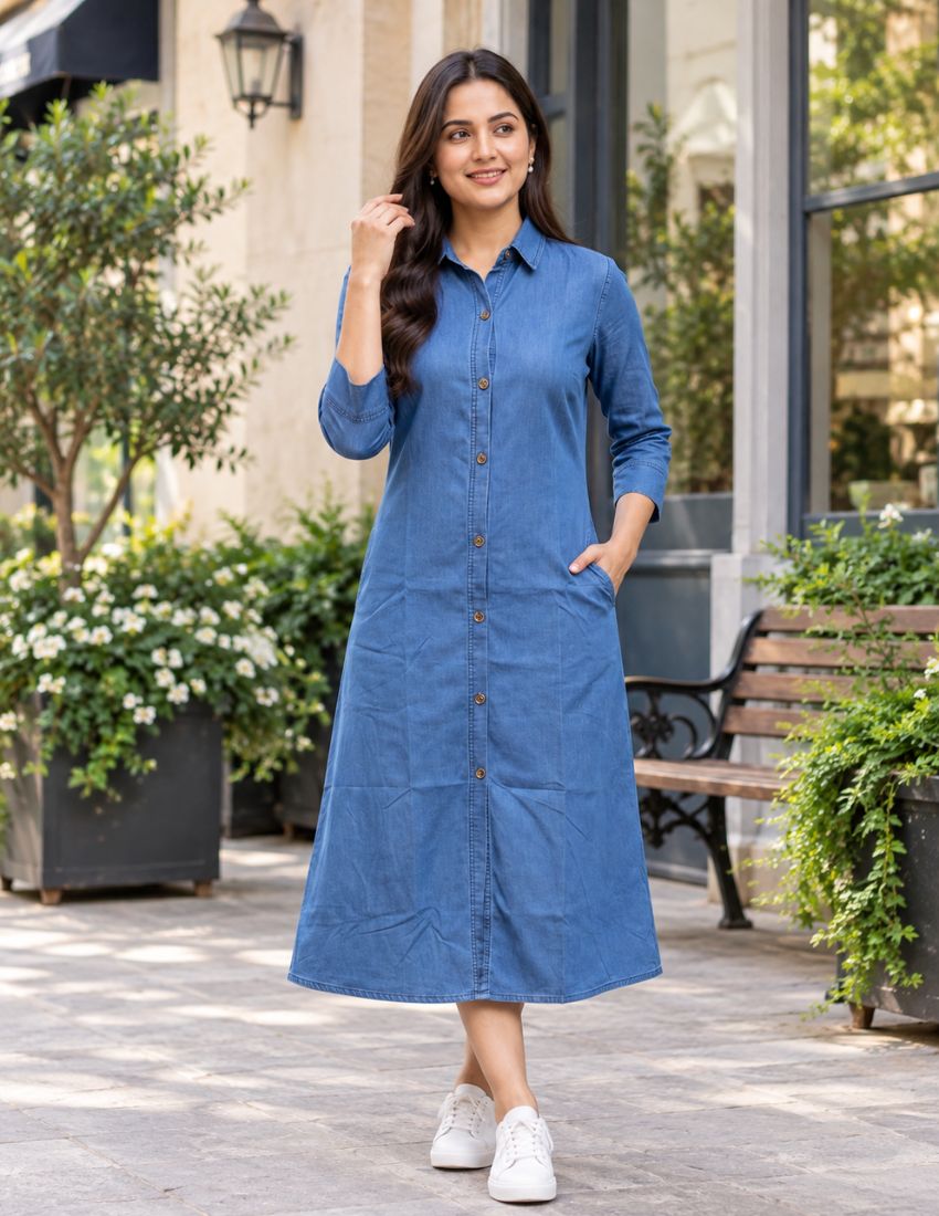 Blue Womens Denim Dress with Pockets