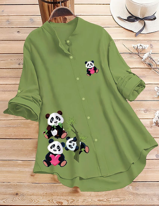 Panda Print Button-Up Top - Green