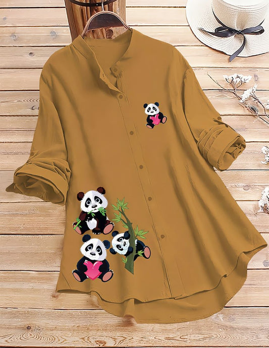 Panda Print Button-Up Top - Yellow