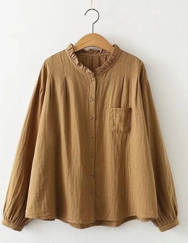 Peanut Brown Frill Trim Button-Up Plain Top