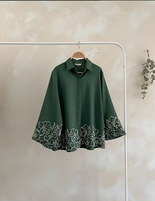 Dark Green Floral Embroidery Top