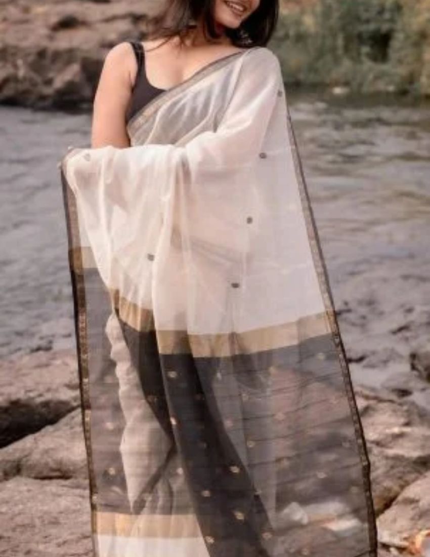 White & Black Butti Banarasi Saree