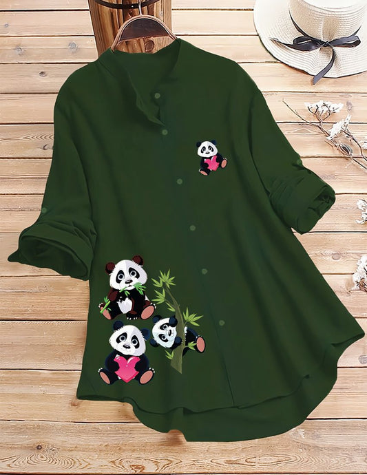 Panda Print Button-Up Top - Dark Green