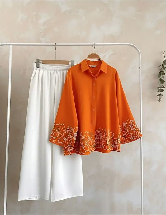 Elegant Embroidery Co-Ord Set - Orange