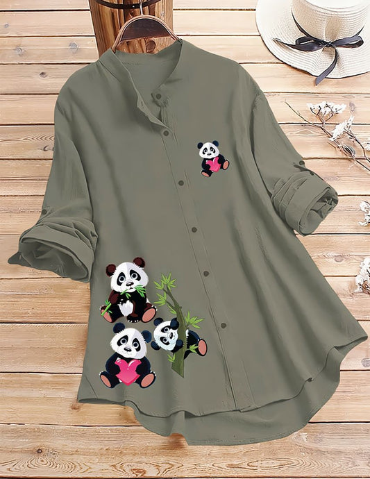 Panda Print Button-Up Top - Grey