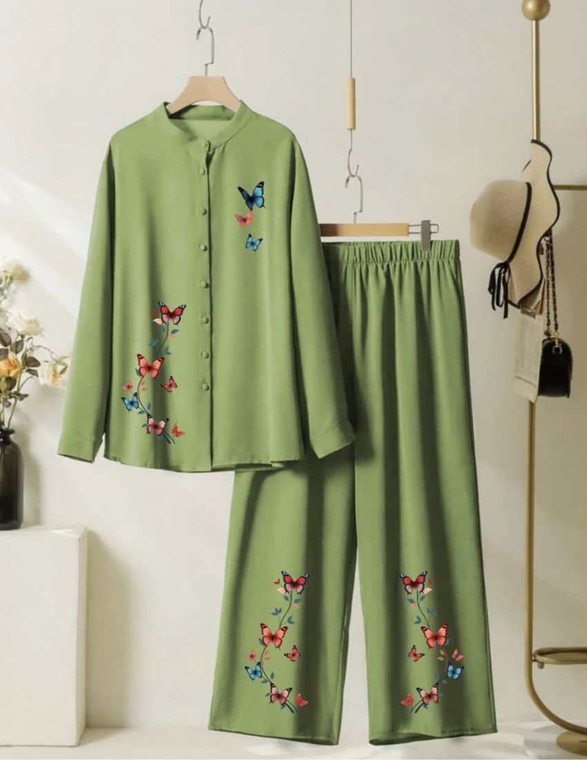 Elegant Butterfly Printed Co-Ord - Olive