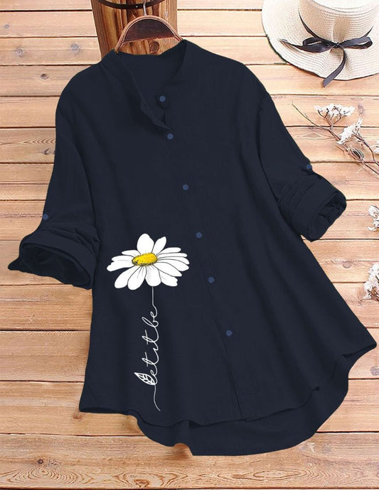 White Daisy Flower Printed Top - Blue