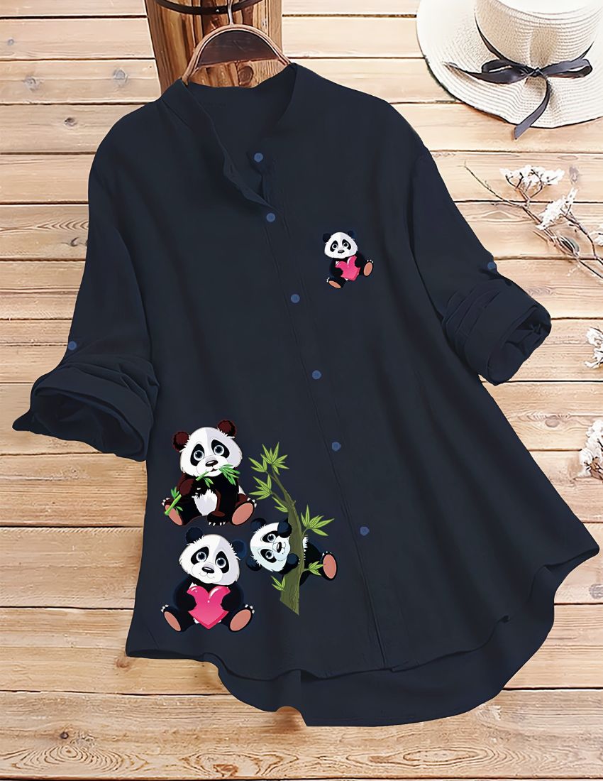 Panda Print Button-Up Top - Blue