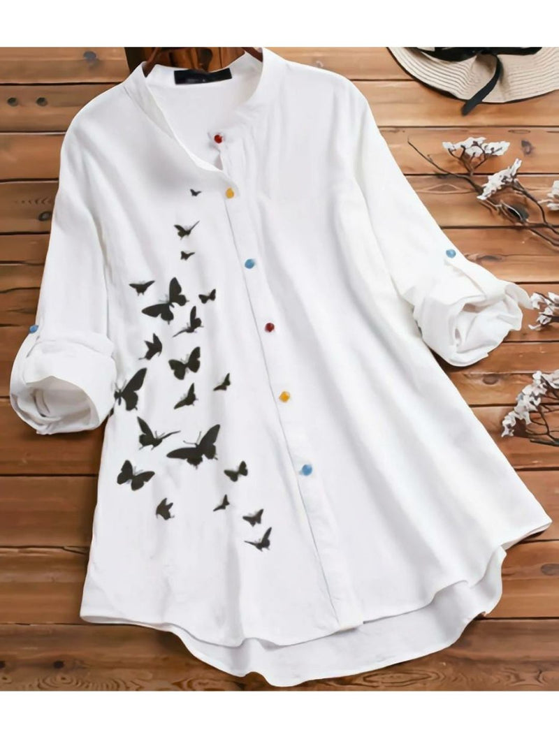 White Printed Rayon Tunic Top - Black Butterfly