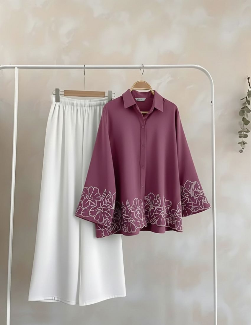 Elegant Embroidery Co-Ord Set - Cherry Pink