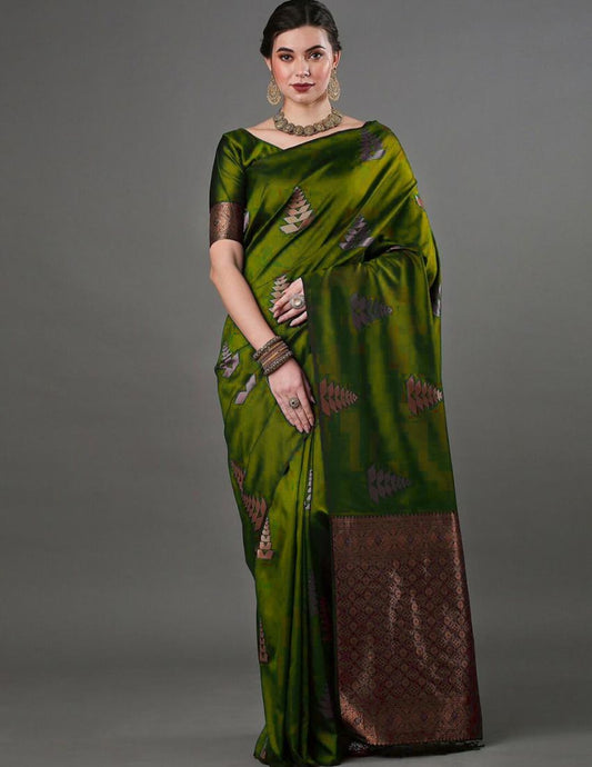 Olive Green Woven Motif Banarasi Saree