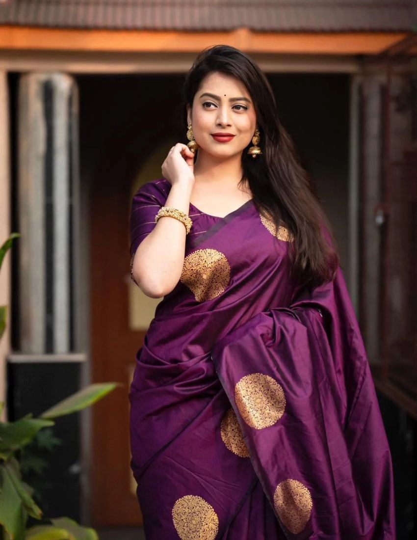 Wine Golden Butti Banarasi Saree