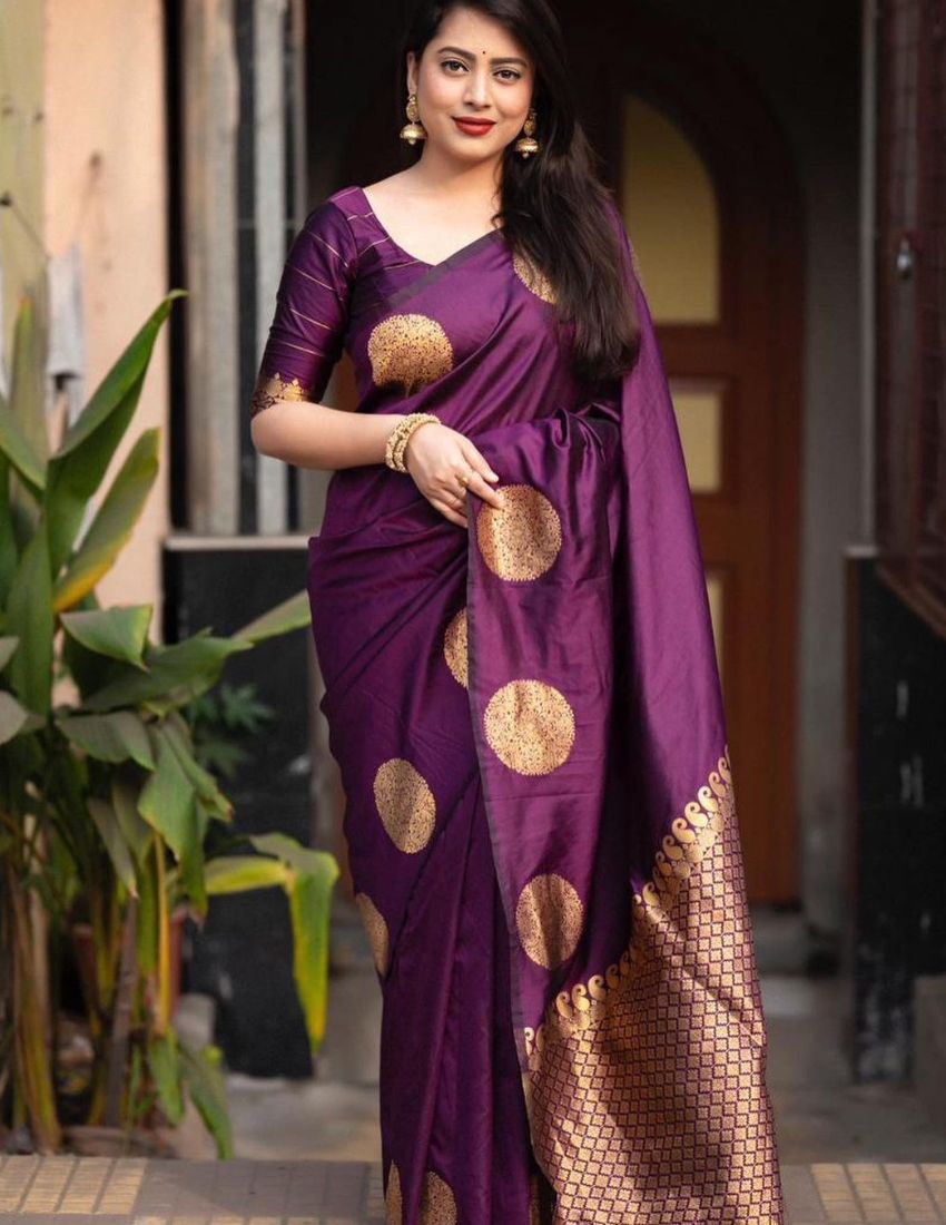 Wine Golden Butti Banarasi Saree
