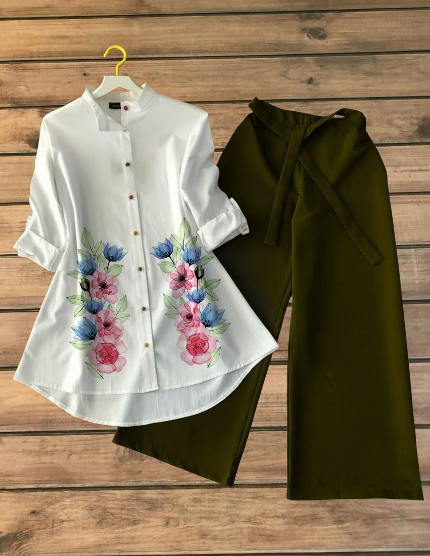Stylish Floral Shirt with Olive Green Palazzo Set