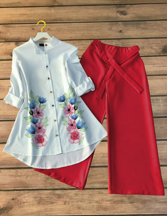 Modern Floral Print Shirt with Red Palazzo Set