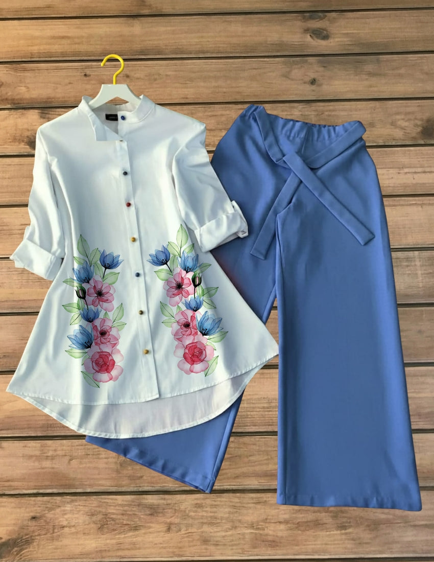 Elegant Floral Printed Tunic Top with Sky Blue Palazzo Set