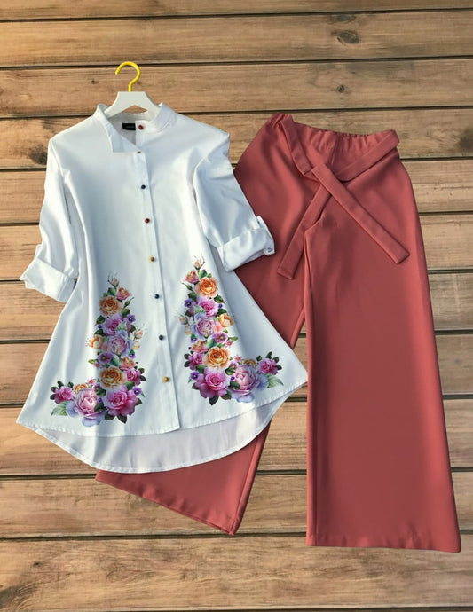 Blossom Royale Printed Tunic Top with Coral Pink Palazzo Set