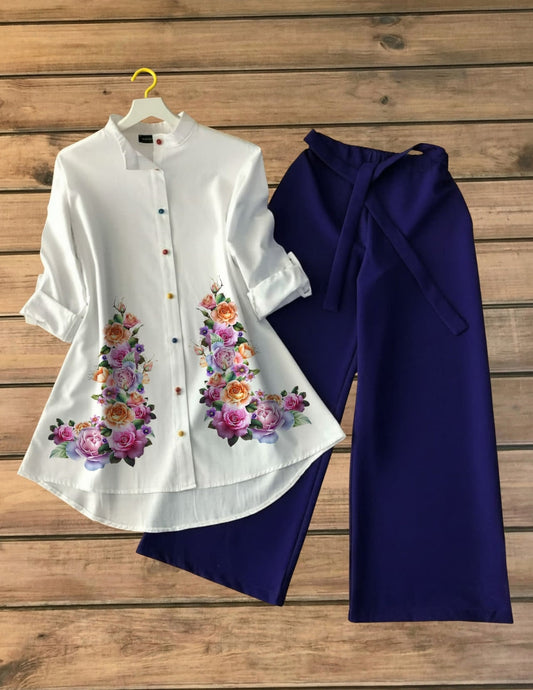 Blossom Royale Printed Tunic Top with Midnight Blue Palazzo Set