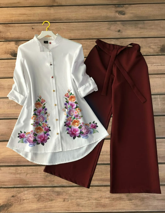 Elegant Floral Printed Tunic Top with Burgundy Palazzo Set