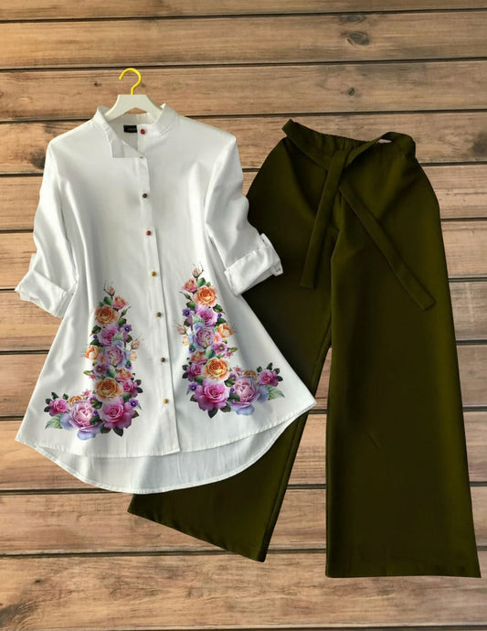 Emerald Flora Printed Tunic Top with Olive Palazzo Set