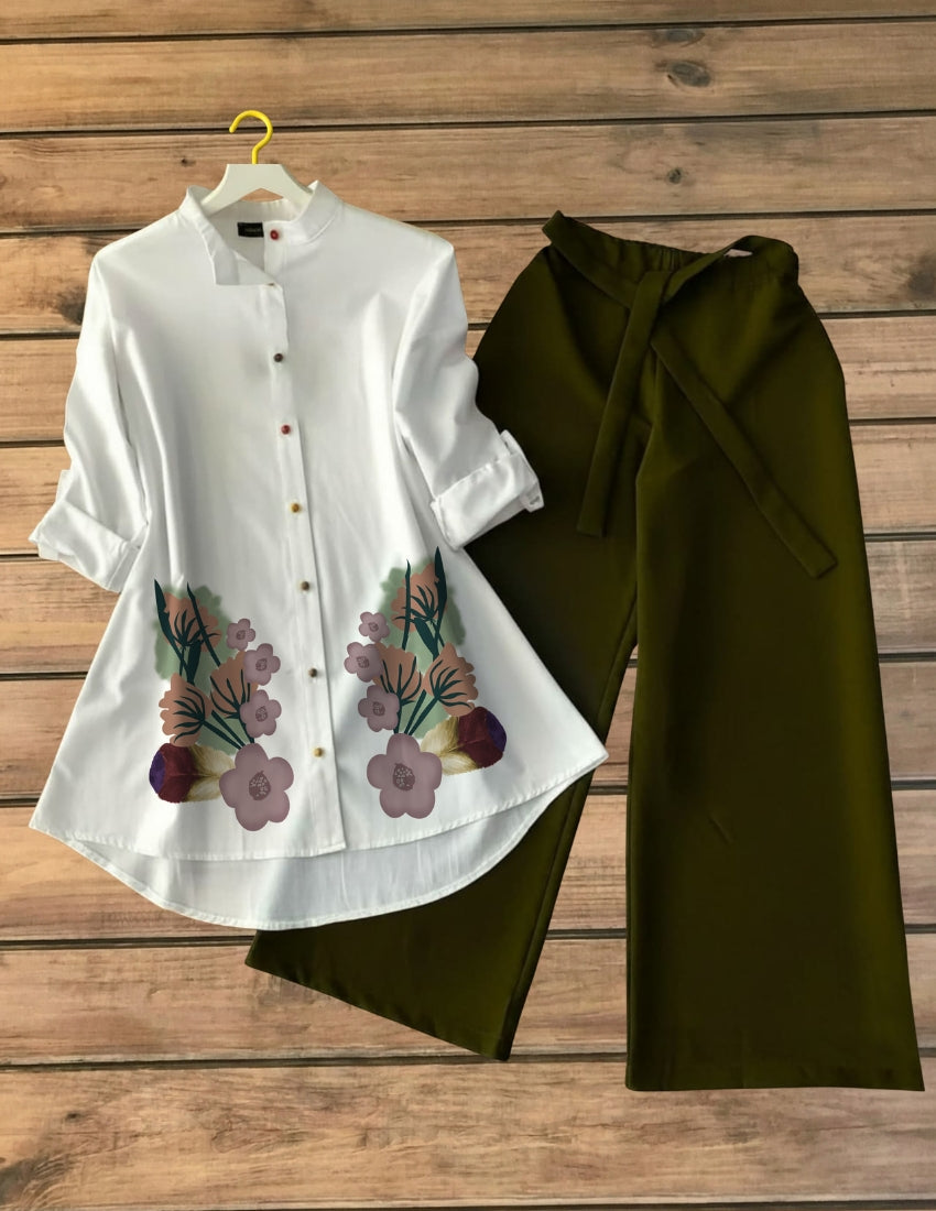 Ivory Floral Shirt with Green Wrap Palazzo Set