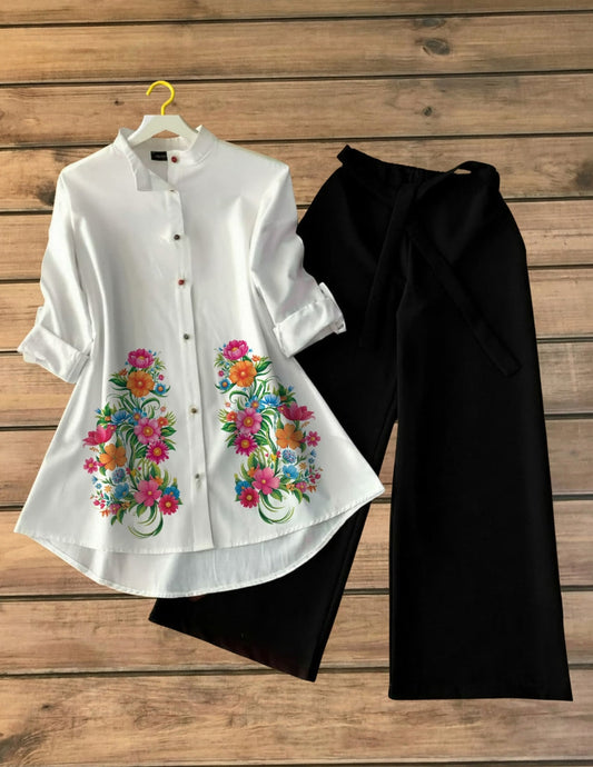 Flower Print Shirt with Black Palazzo Set
