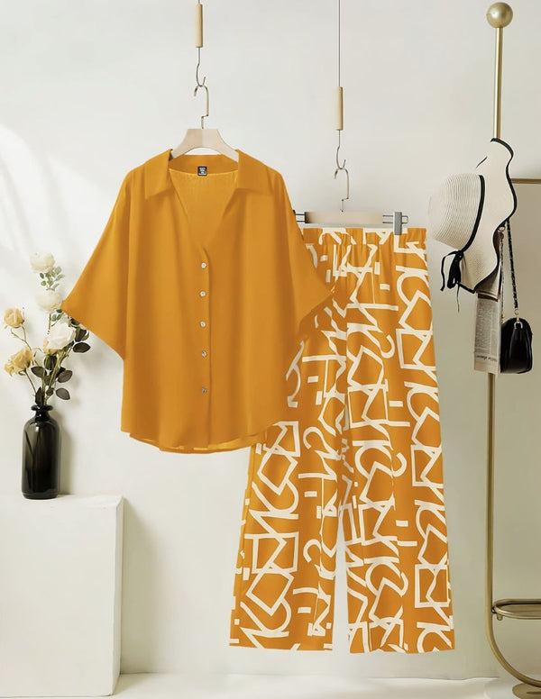 Elegant Mustard Yellow Top with Graphic Palazzo Set