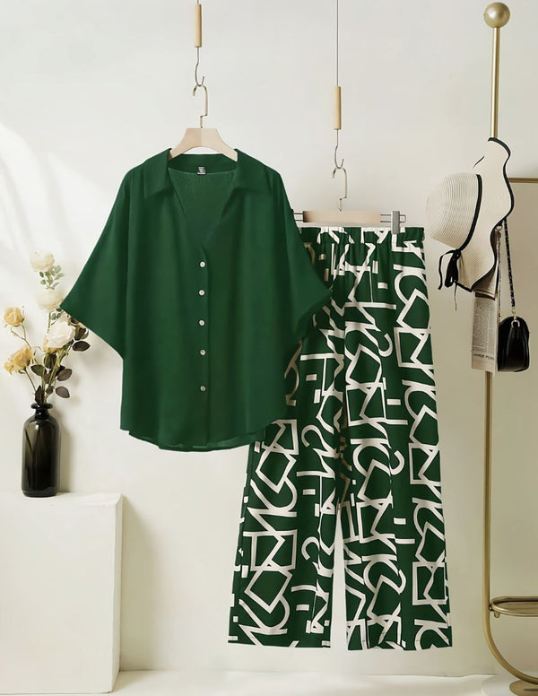 Elegant Pine Green Top with Graphic Palazzo Set