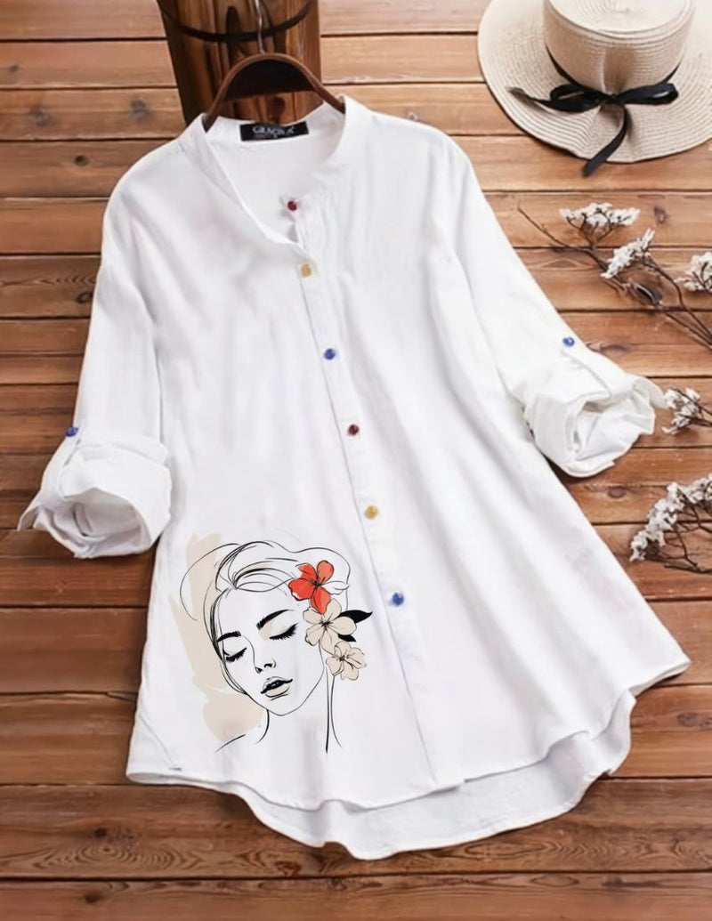 Elegant Floral Button-Up Top - Sketch Art