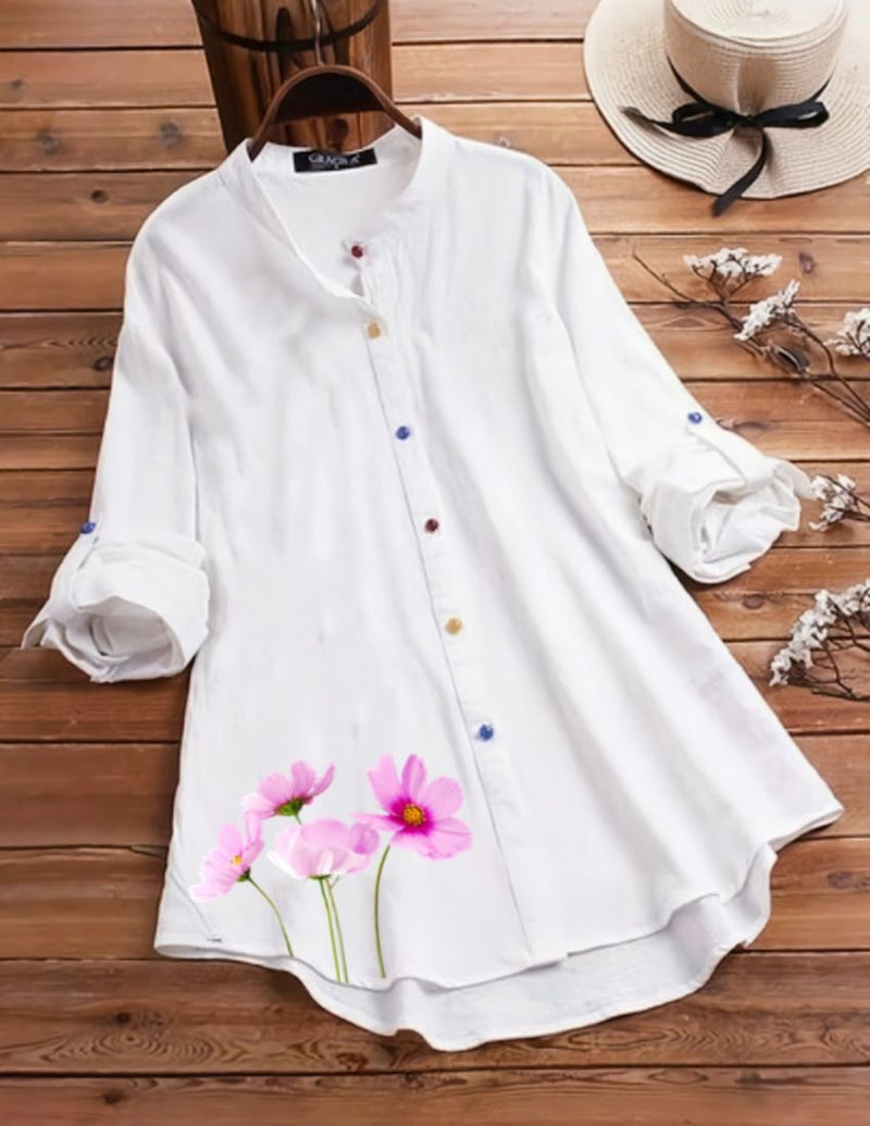 Elegant Floral Button-Up Top - Cosmos Flowers