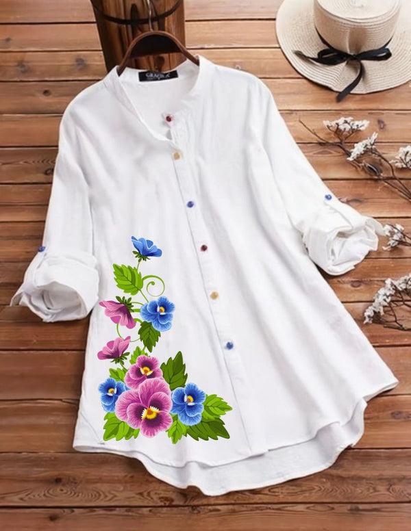 Elegant Floral Button-Up Top - Pansies