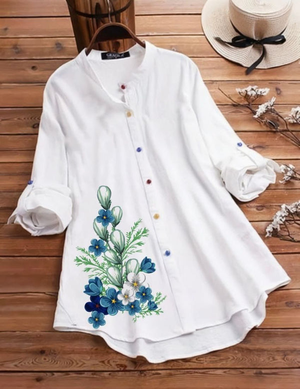 Elegant Floral Button-Up Top - Blue Flower