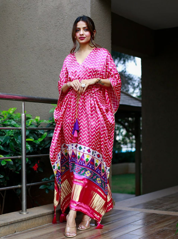 Pink Satin Printed Kaftan