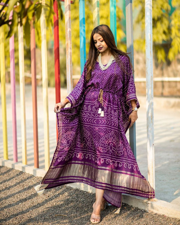 Purple Satin Printed Kaftan