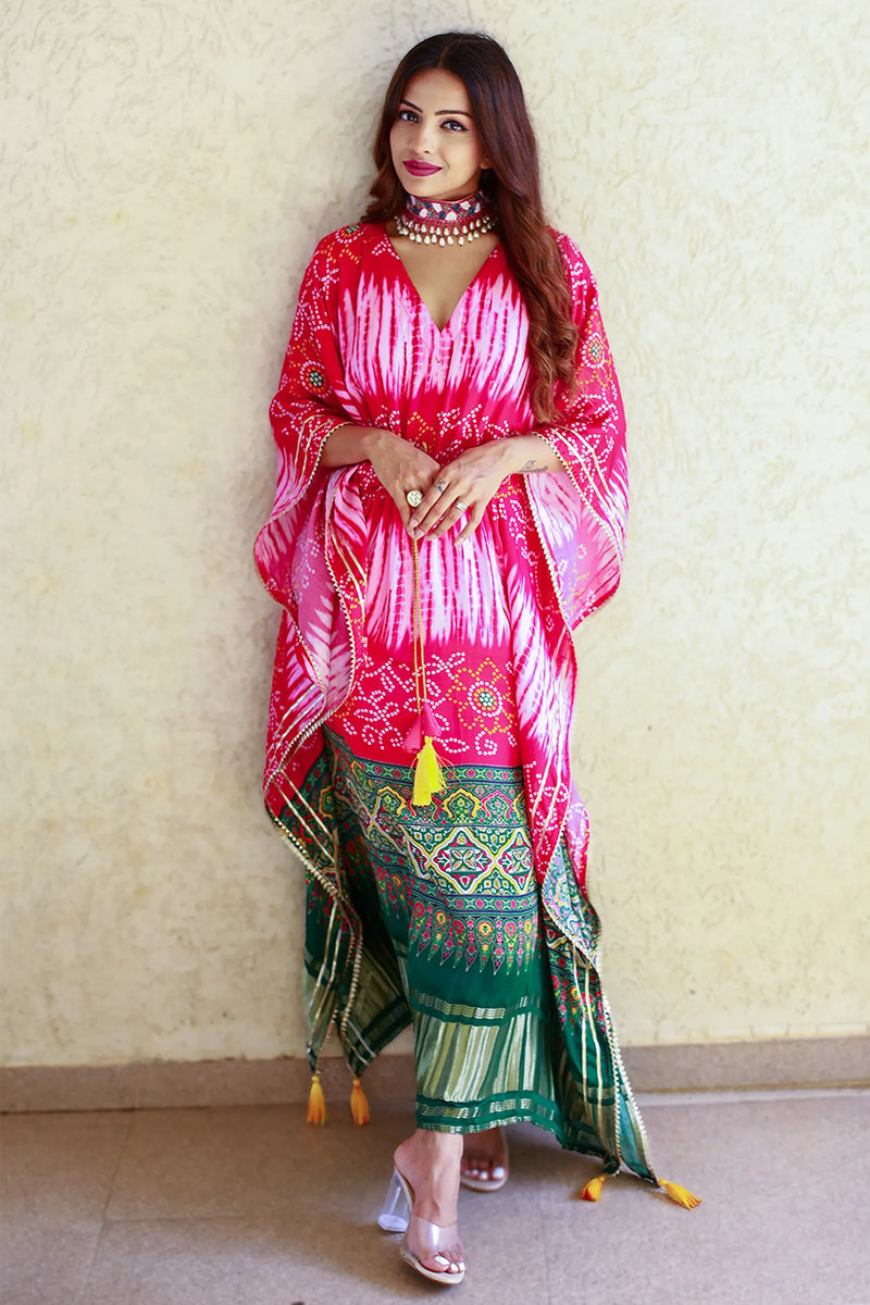 Pink Satin Shibori Printed Kaftan