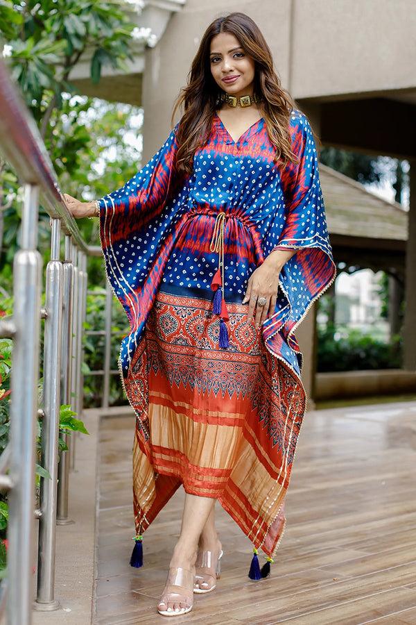 Navy Blue Satin Printed Kaftan