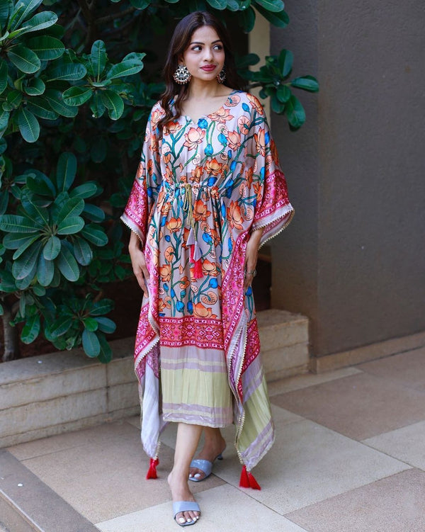 Multicolor Satin Floral Printed Kaftan